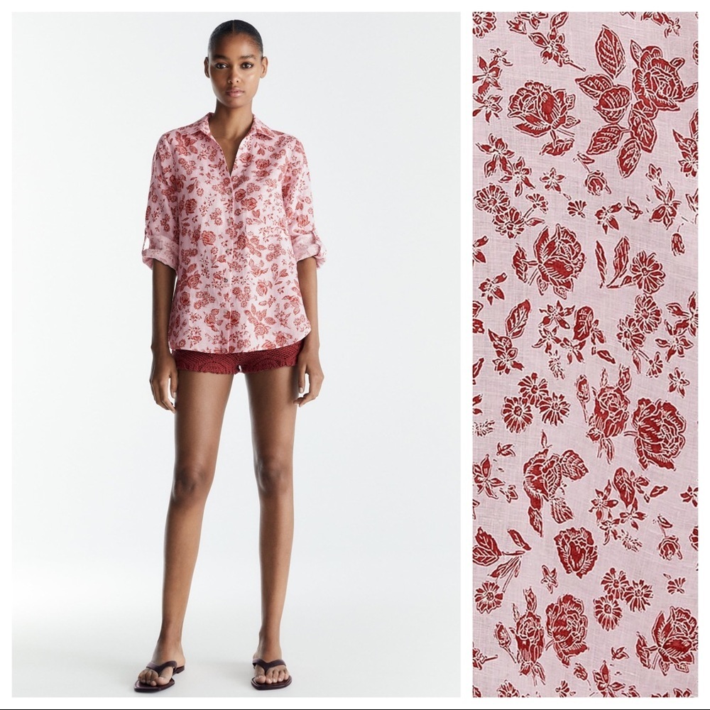 NWT. Zara Pink Linen Floral Print Shirt. Size XS.